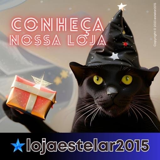 Mascote da Estelar2015, gato com chapéu de mago, convite para explorar a loja esotérica, produtos esotéricos, acessórios místicos.